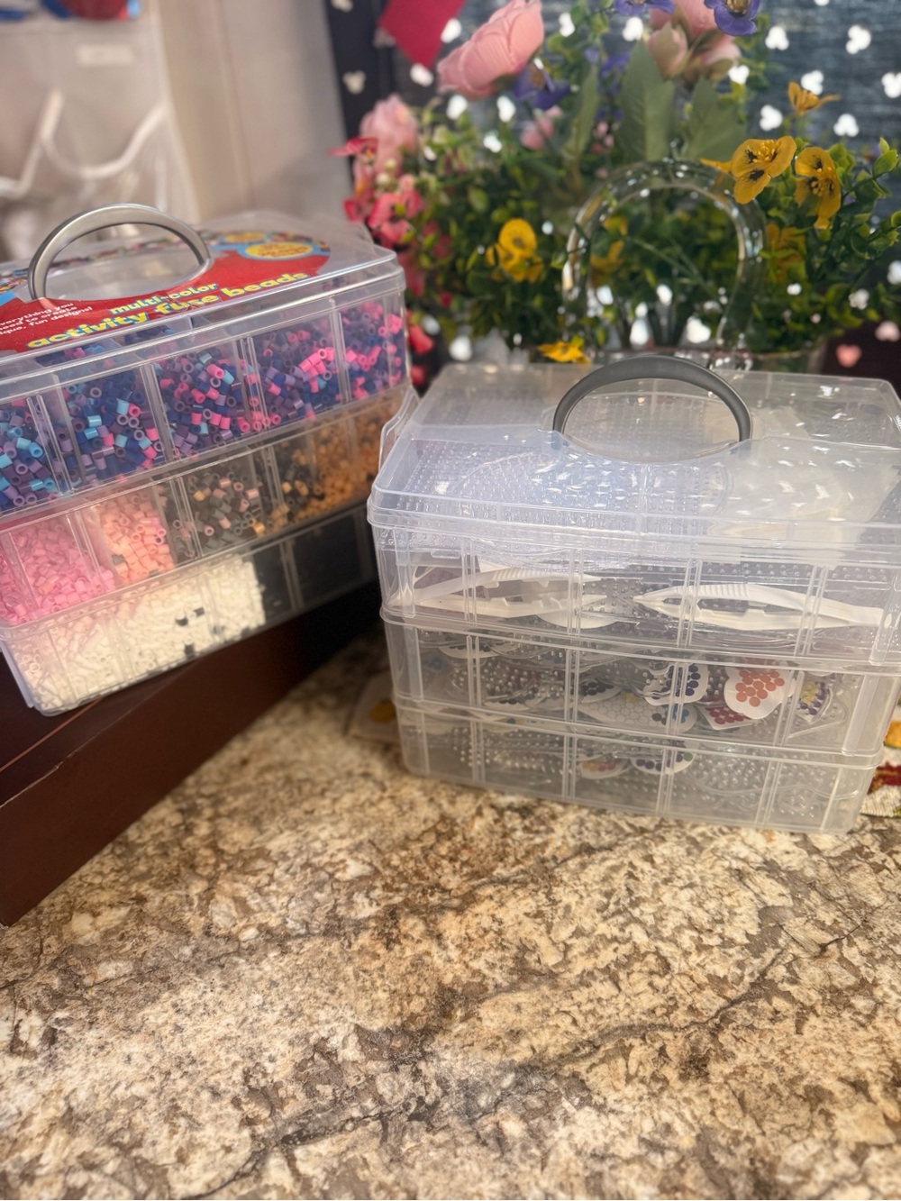 Fuse beads in a Clear Plastic Craft Storage Organizer Box with Handle -